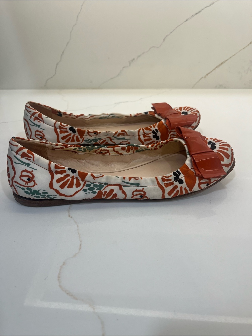 Prada Floral Print Ballet Flats with Patent Leather Bow | Made in Italy - Picture 5 of 10